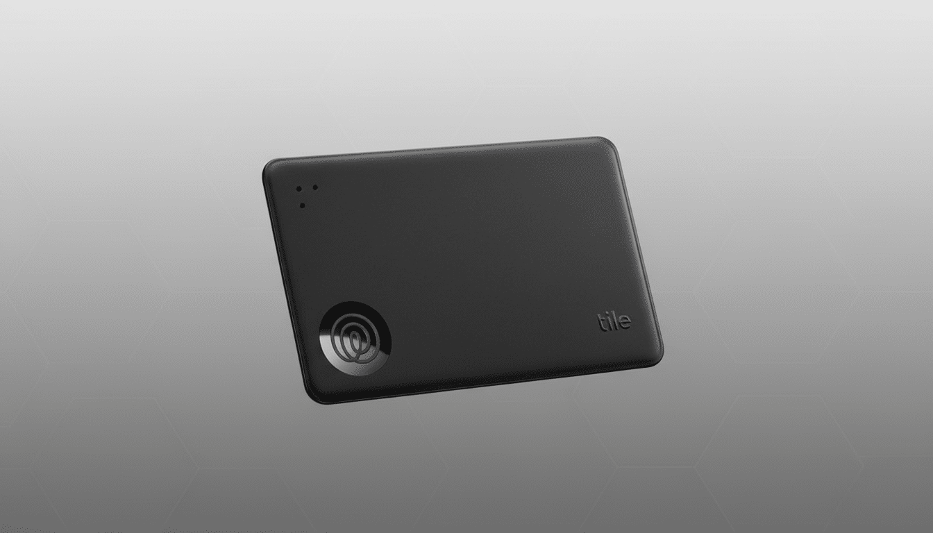 A black Tile Slim tracker with a subtle hexagonal pattern background, presented in a 16:9 aspect ratio.