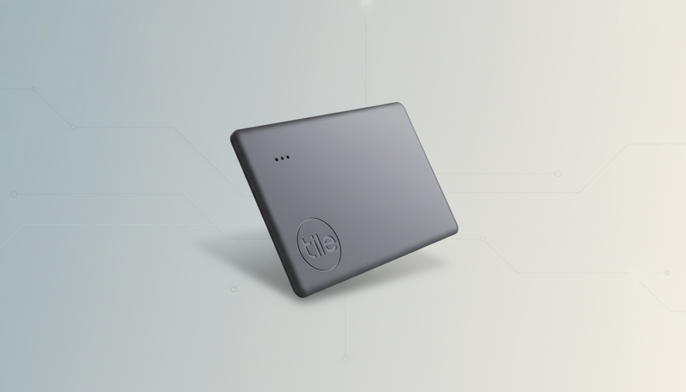 A gray Tile Slim tracker is angled on a professional flat design background with soft patterns and gradients.