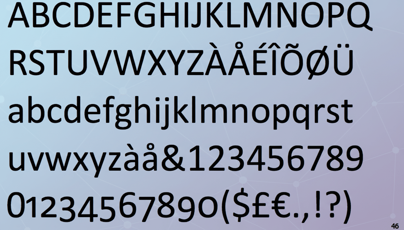 A professional presentation of the alphabet, numbers, and symbols in a sans-serif font, set against a soft gradient background with subtle geometric patterns.