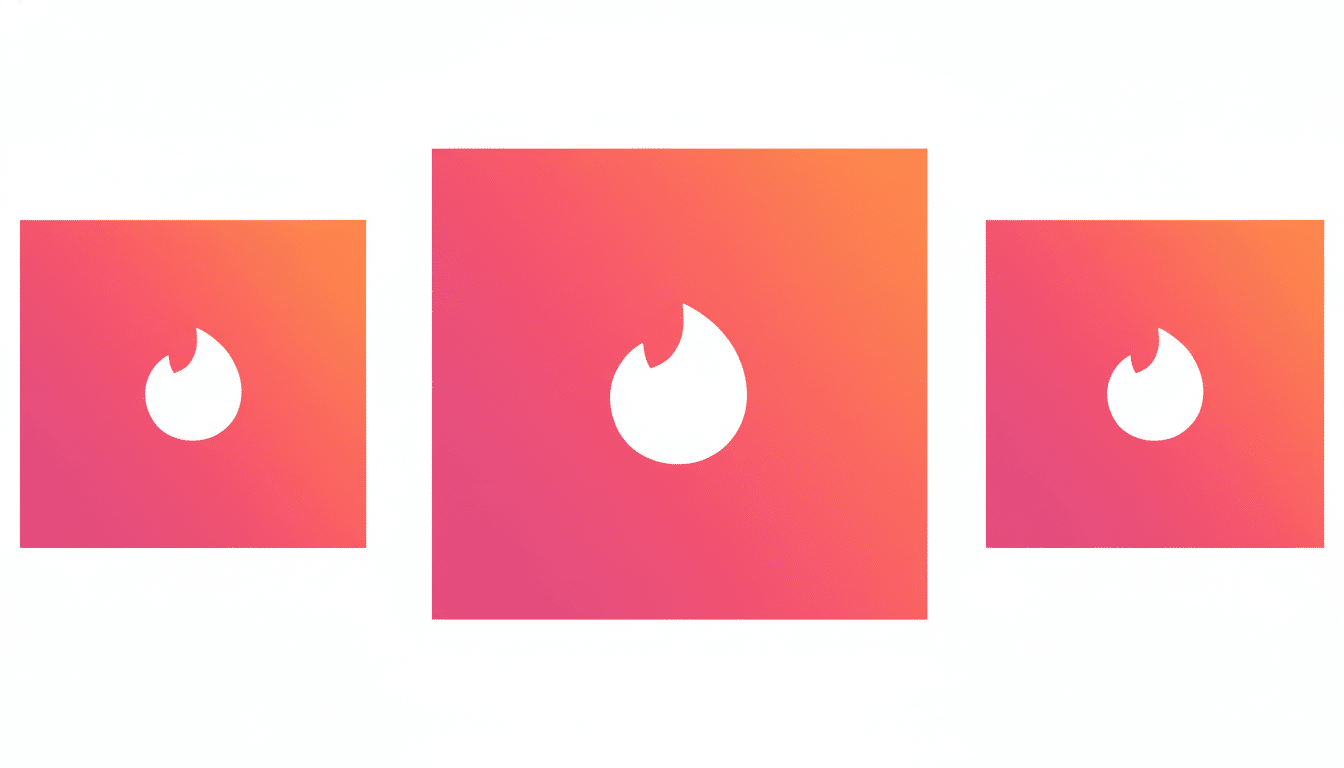 A 16:9 aspect ratio image featuring three Tinder logos. The logos are white flame shapes on a gradient background that transitions from orange to pink. The background of the overall image is white.