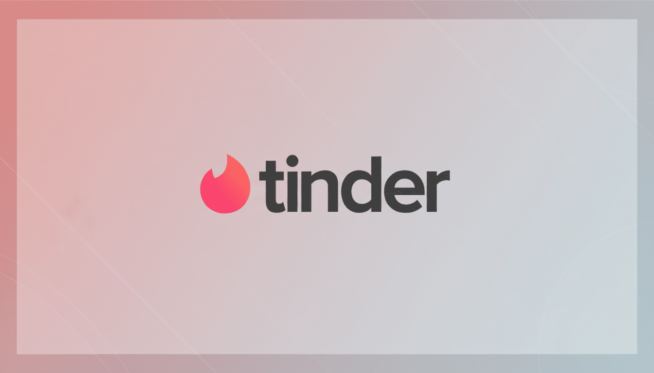 The Tinder logo, featuring a red-orange flame icon to the left of the word tinder in black lowercase letters, set against a professional flat design background with soft pink and blue gradients and subtle line patterns.