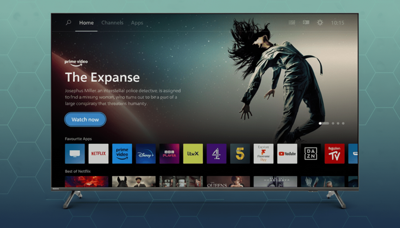 A Philips smart TV displaying the Prime Video interface with The Expanse highlighted, set against a professional flat design background with soft hexagonal patterns.