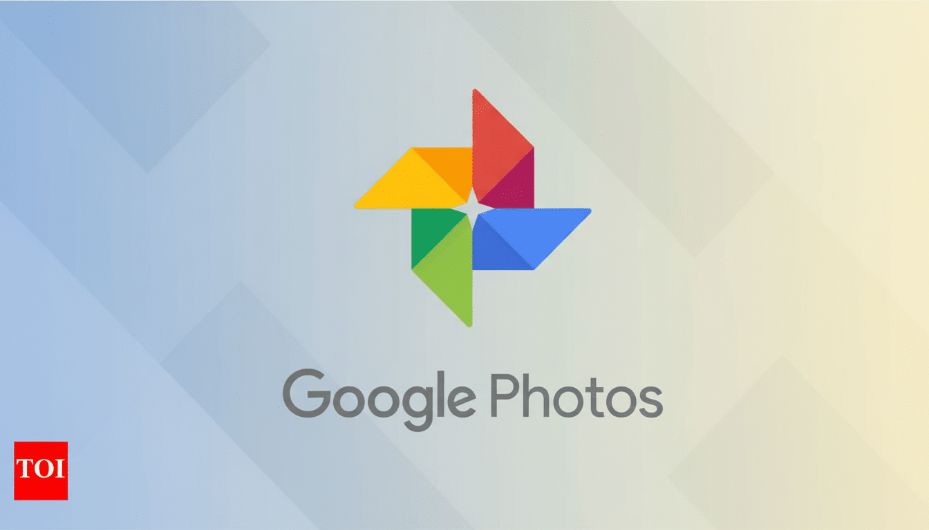 The Google Photos logo and text on a professional flat design background with soft patterns and a gradient from light blue to light yellow.
