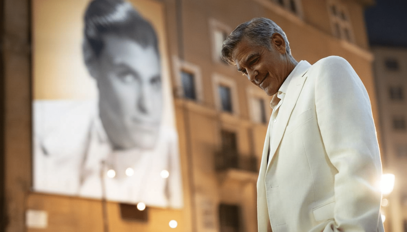 George Clooney in a white suit, looking down and smiling, with a large black and white image of a younger man in the background.