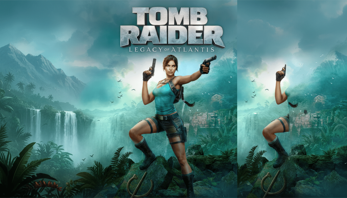 The Tomb Raider: Legacy of Atlantis game cover, featuring Lara Croft in a dynamic pose with two pistols, set against a lush jungle background with waterfalls and ancient ruins, resized to a 16:9 aspect ratio.