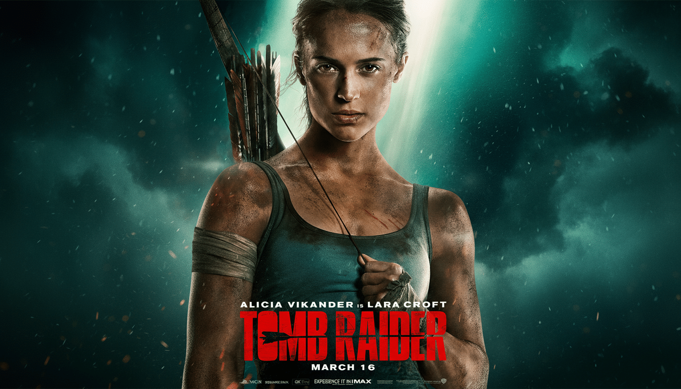 A 16:9 aspect ratio image of Alicia Vikander as Lara Croft from the Tomb Raider movie poster, featuring her in a teal tank top with a bow and arrow, against a dramatic, stormy background.