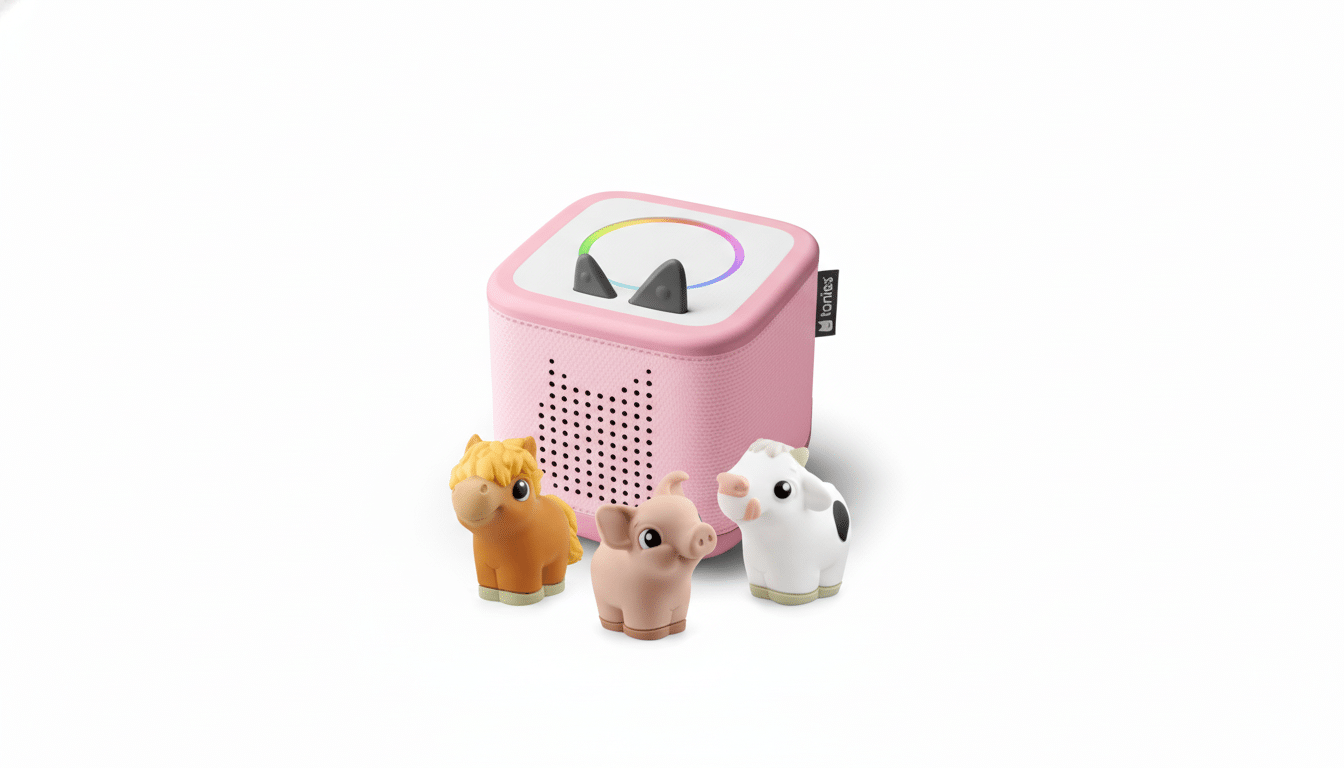 A pink Toniebox with three Tonies figures: a brown horse, a pink pig, and a white cow, all on a white background.