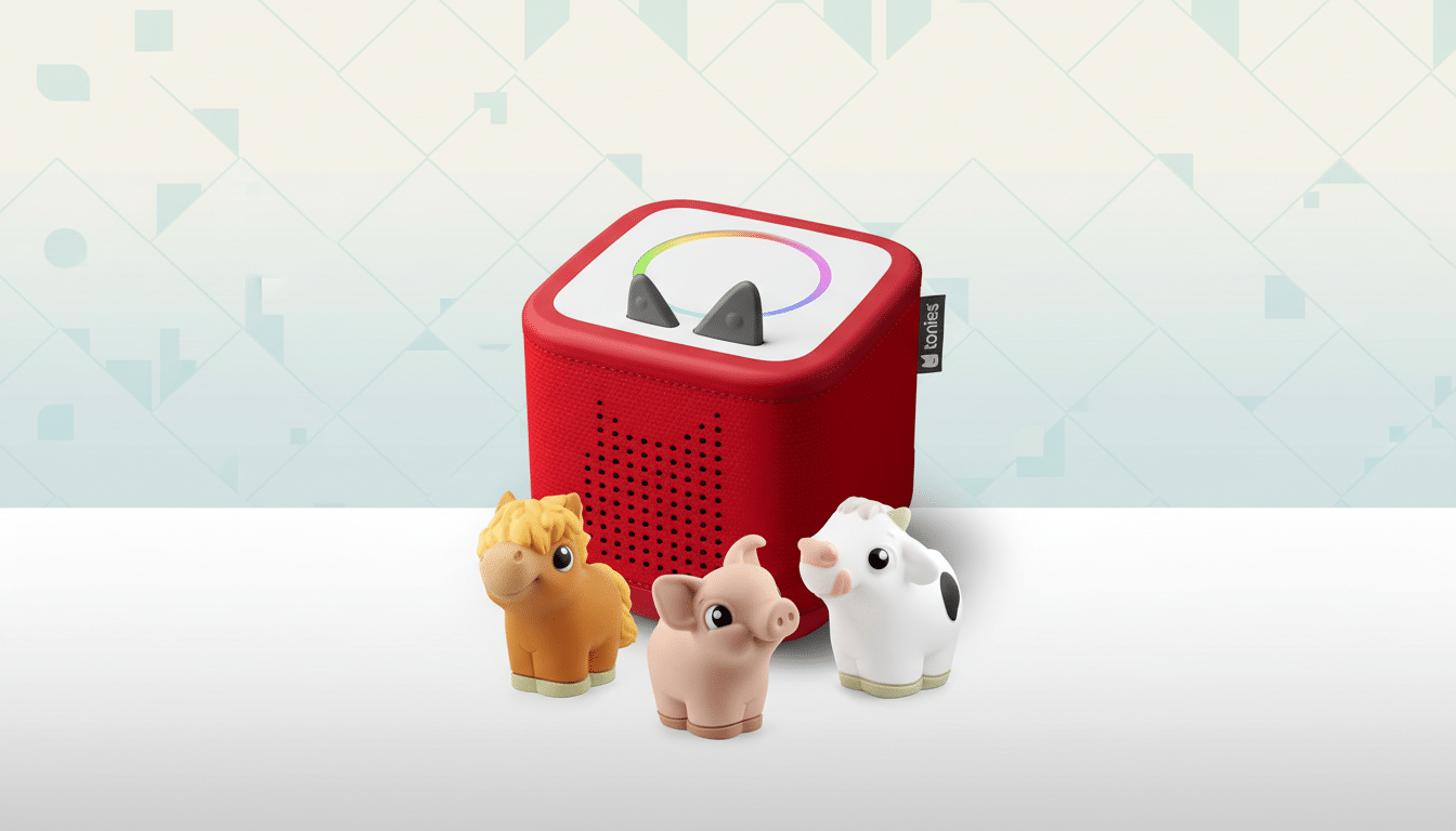 A red Toniebox audio player with three Tonie figures: a brown horse, a pink pig, and a white cow with black spots. The background is a professional flat design with soft patterns and gradients.