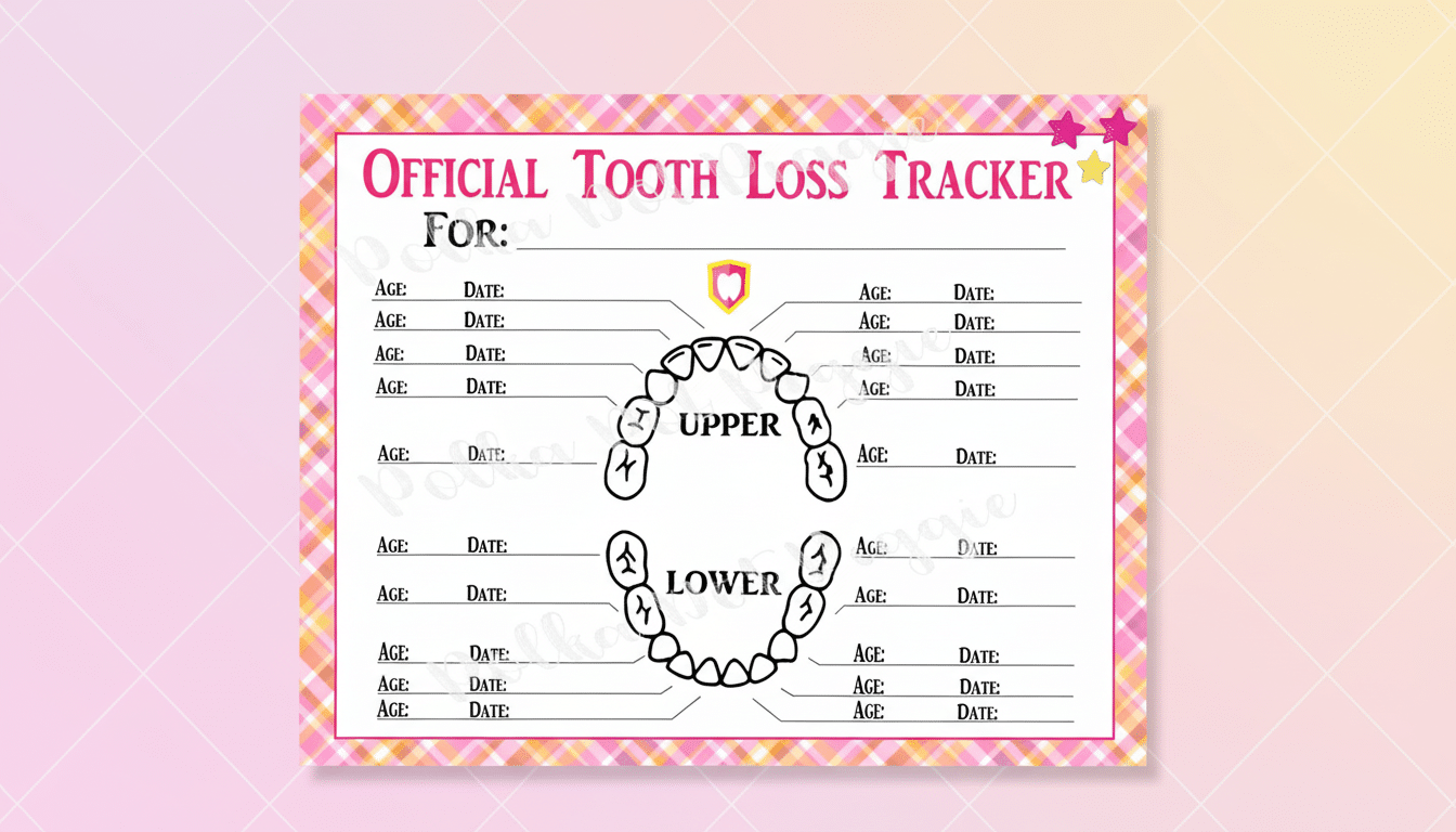 A pink and yellow checkered Official Tooth Loss Tracker with a diagram of upper and lower teeth, and spaces to record age and date of tooth loss.