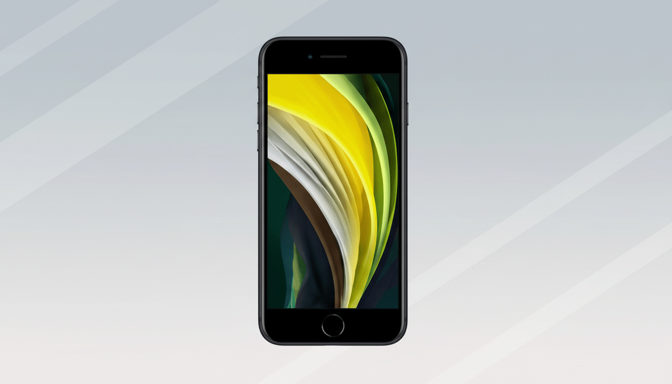 A black iPhone SE (2020) with a colorful wallpaper displayed on its screen, set against a professional light gray background with subtle diagonal patterns.