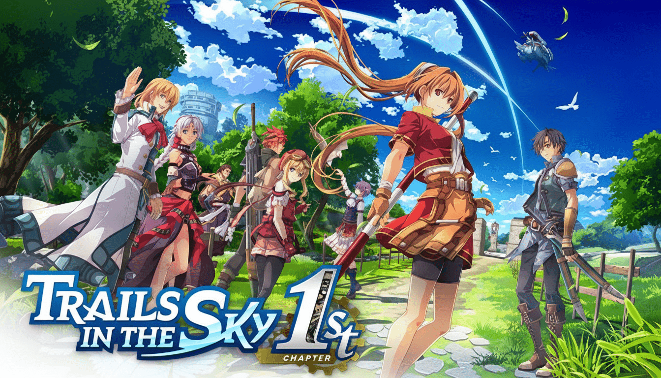 The resized and enhanced cover art for Trails in the Sky 1st Chapter, featuring a group of anime-style characters in a vibrant outdoor setting with the games logo prominently displayed.