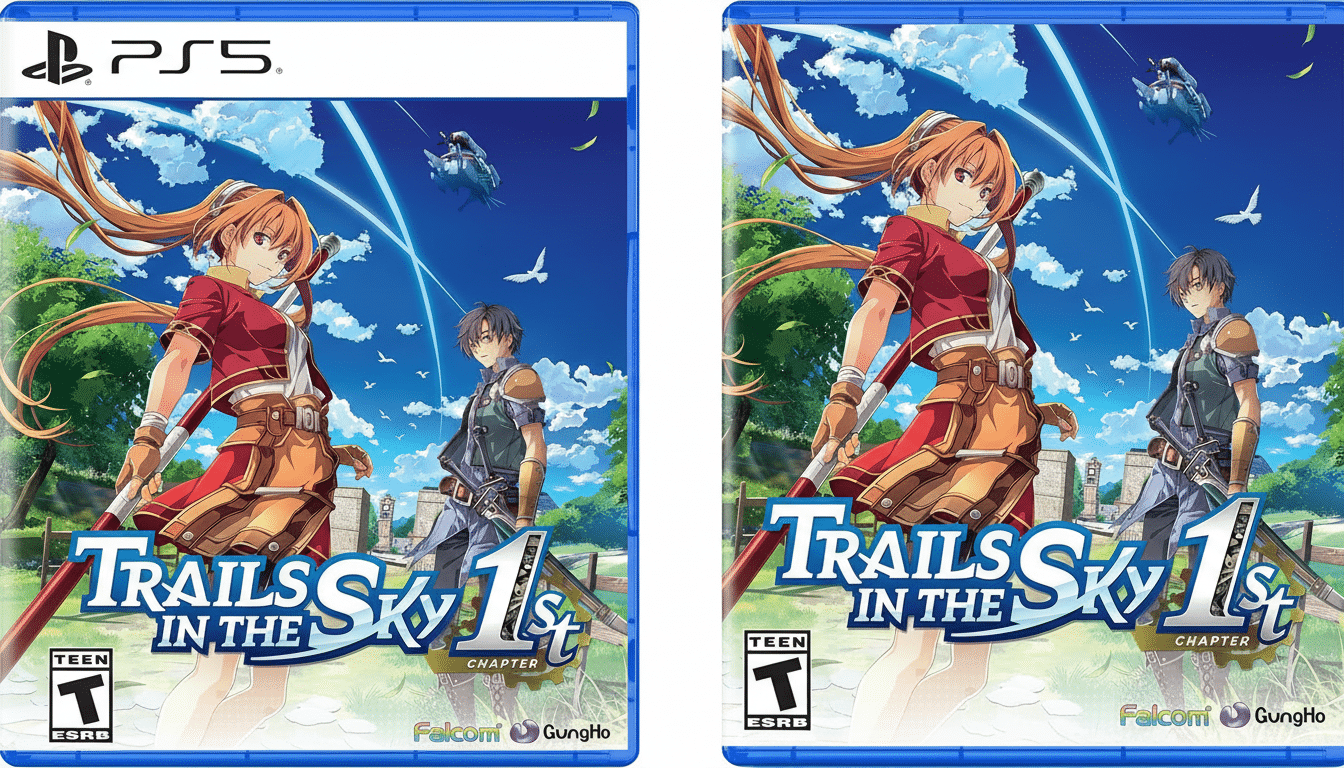 The cover art for the video game Trails in the Sky 1st Chapter for the PS5, featuring two anime-style characters, a female in red and a male in blue, standing in a vibrant outdoor setting with a blue sky and distant buildings. The image has been resized to a 16:9 aspect ratio.