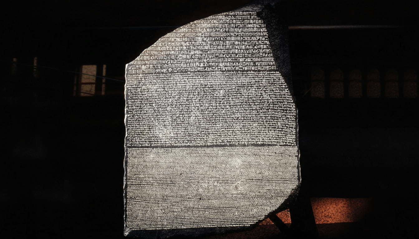 The Rosetta Stone, a dark slab of rock with ancient inscriptions in three scripts, illuminated from the front against a dark background.