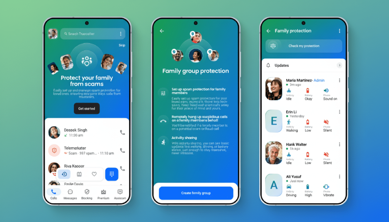 Three smartphones displaying Truecallers family protection features.