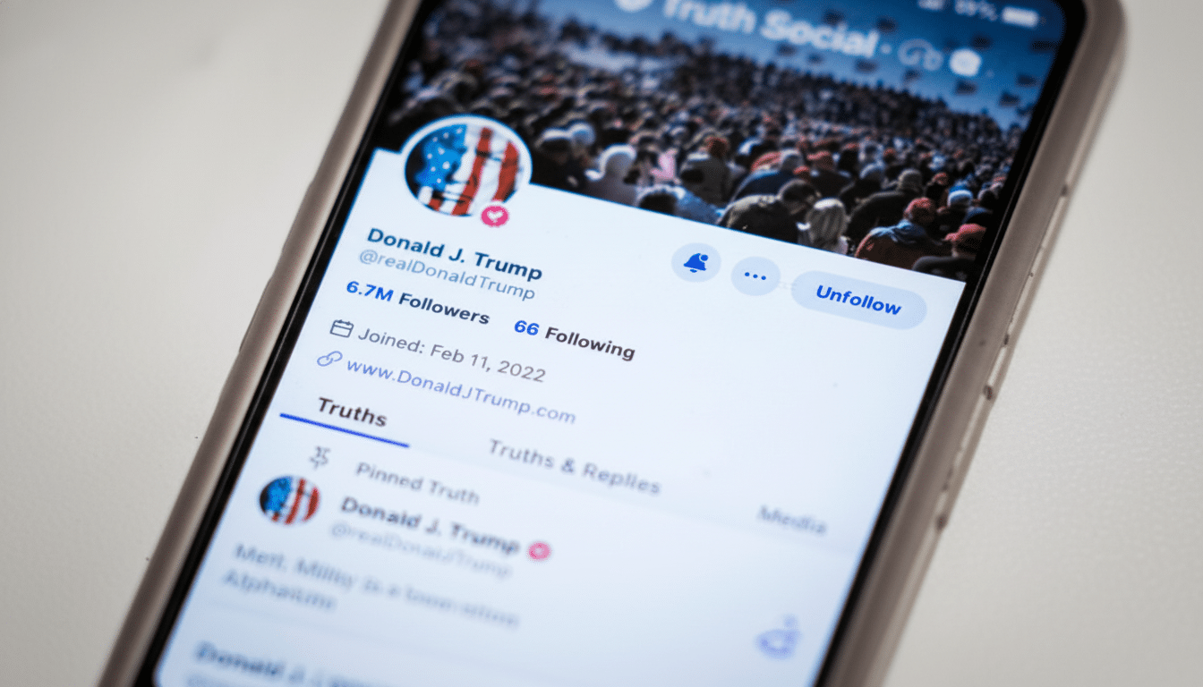 A close-up of a smartphone screen displaying Donald J. Trumps profile on Truth Social, showing his follower count and profile details.
