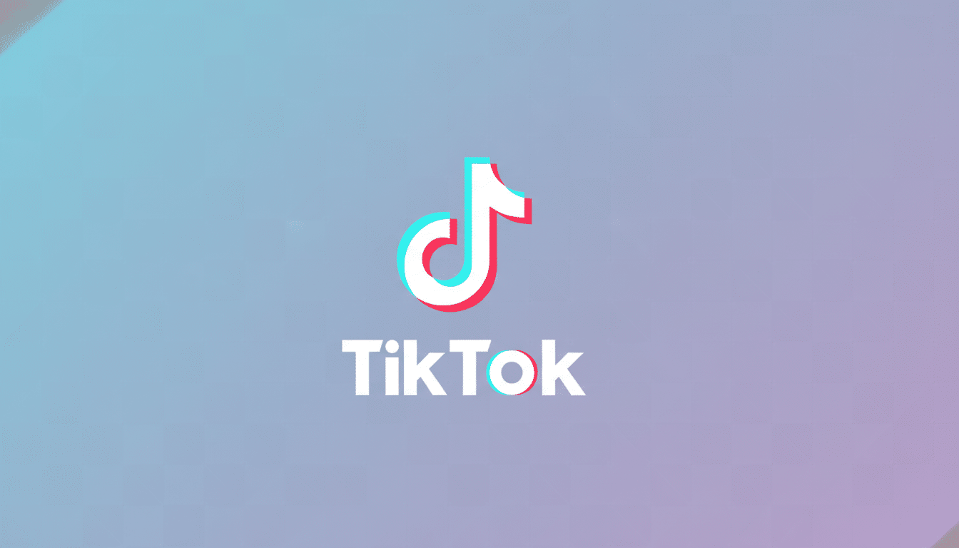 The TikTok logo, featuring a white musical note icon with cyan and red shadows, and the word TikTok in white text, centered on a professional flat design background with a soft gradient from light blue to light purple and subtle geometric patterns.