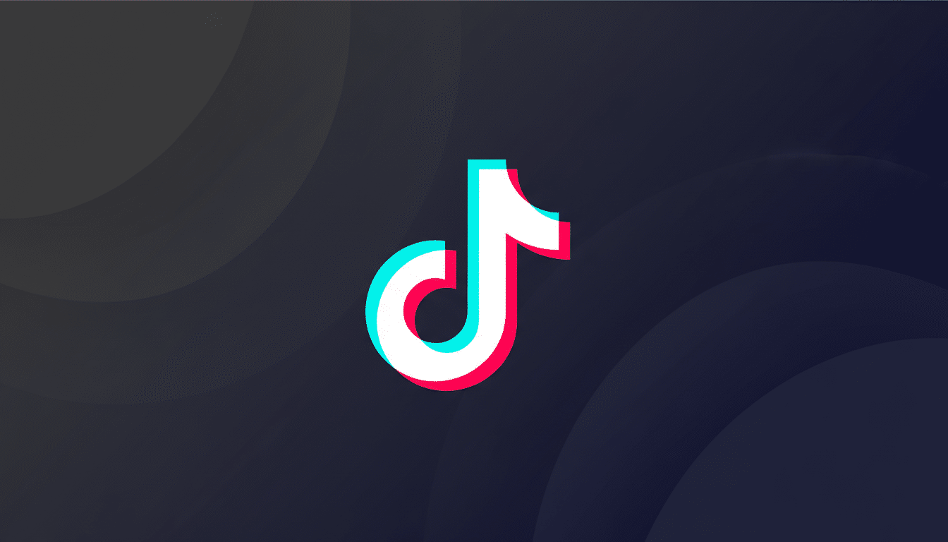 The TikTok logo, a white musical note with cyan and magenta shadows, centered on a dark gray background with subtle, wavy patterns.