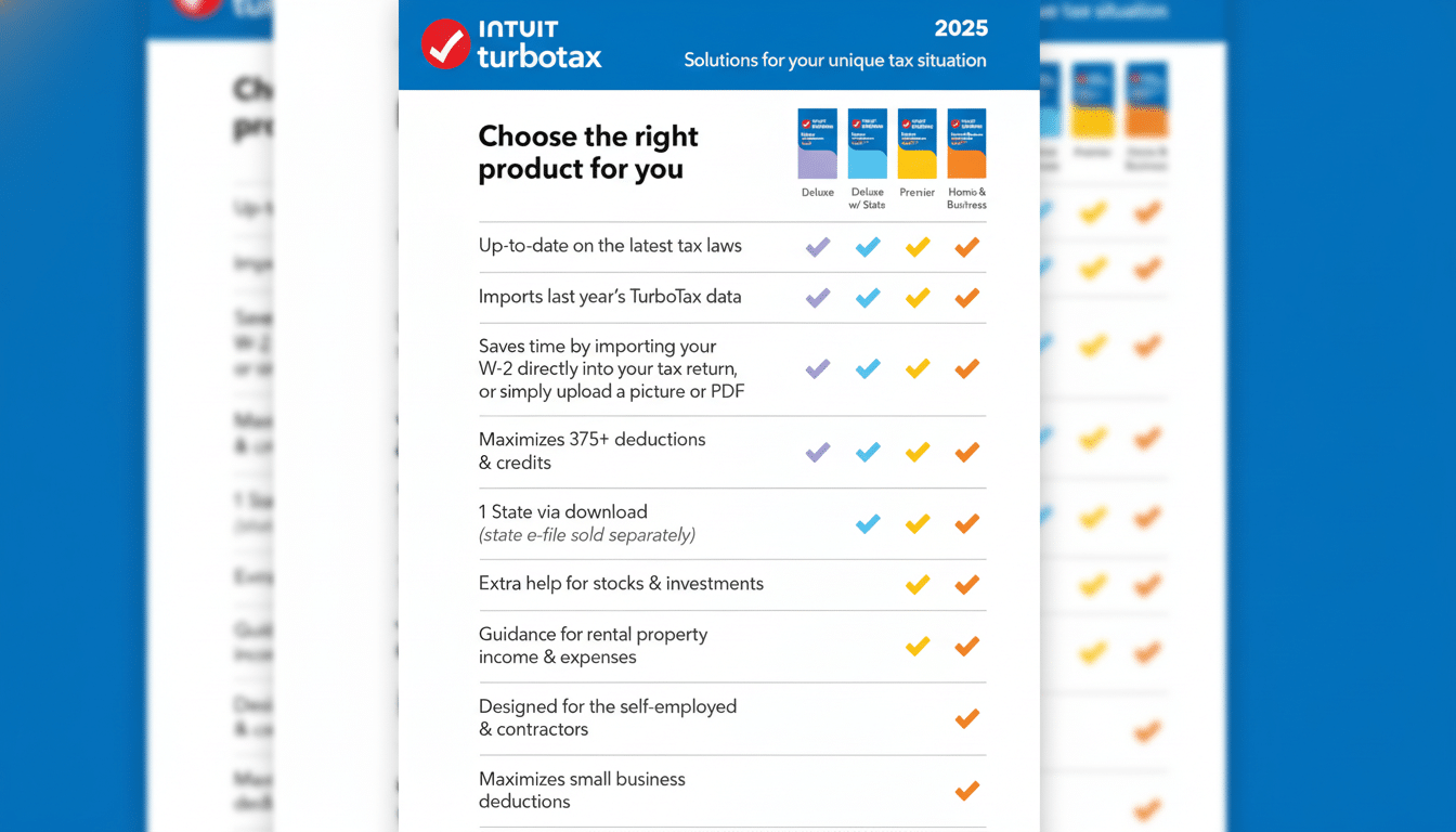 A professional, enhanced image of the TurboTax product comparison chart, resized to a 16:9 aspect ratio. The original chart is centered, with a blurred, soft blue background extending to fill the new dimensions.