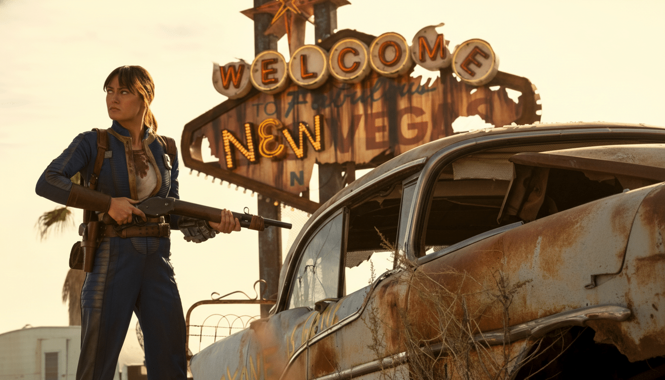 A woman in a blue jumpsuit holding a rifle stands next to a rusty car with a Welcome to New Vegas sign in the background.