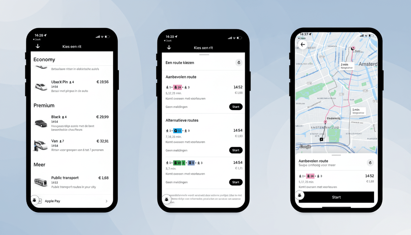 Three smartphone screens displaying a ride-sharing app interface, set against a professional flat design background with soft patterns.