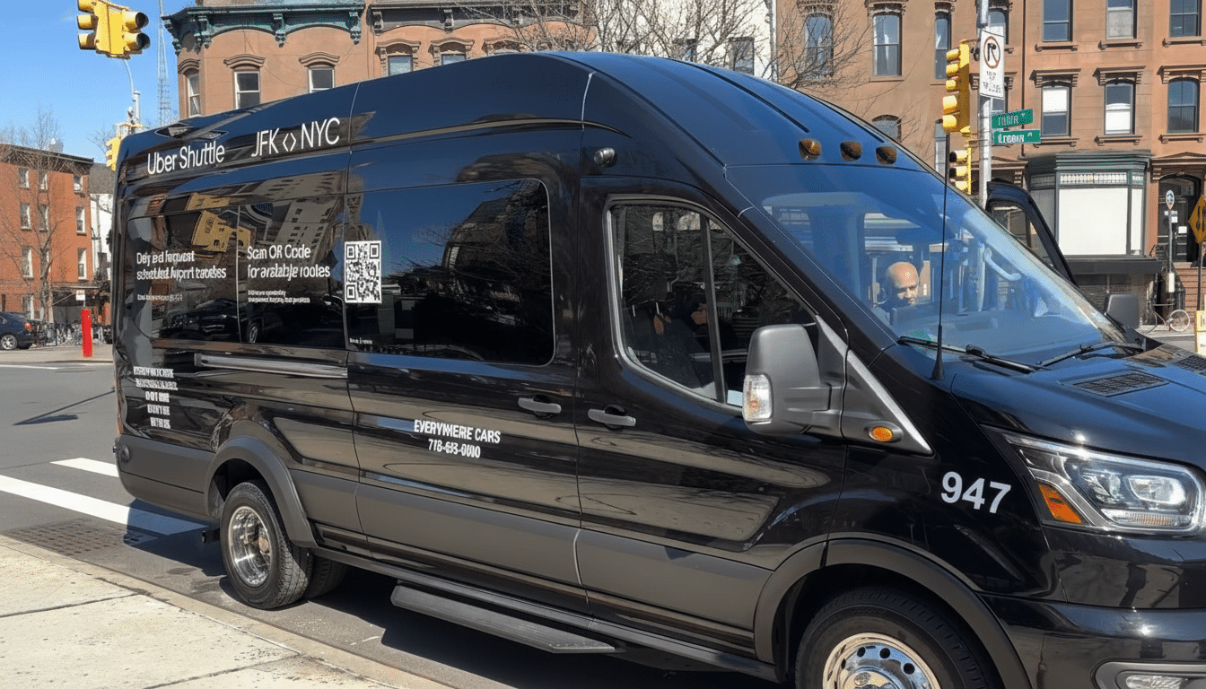 A black Uber Shuttle van with JFK & NYC branding, parked on a city street with buildings and traffic lights in the background.