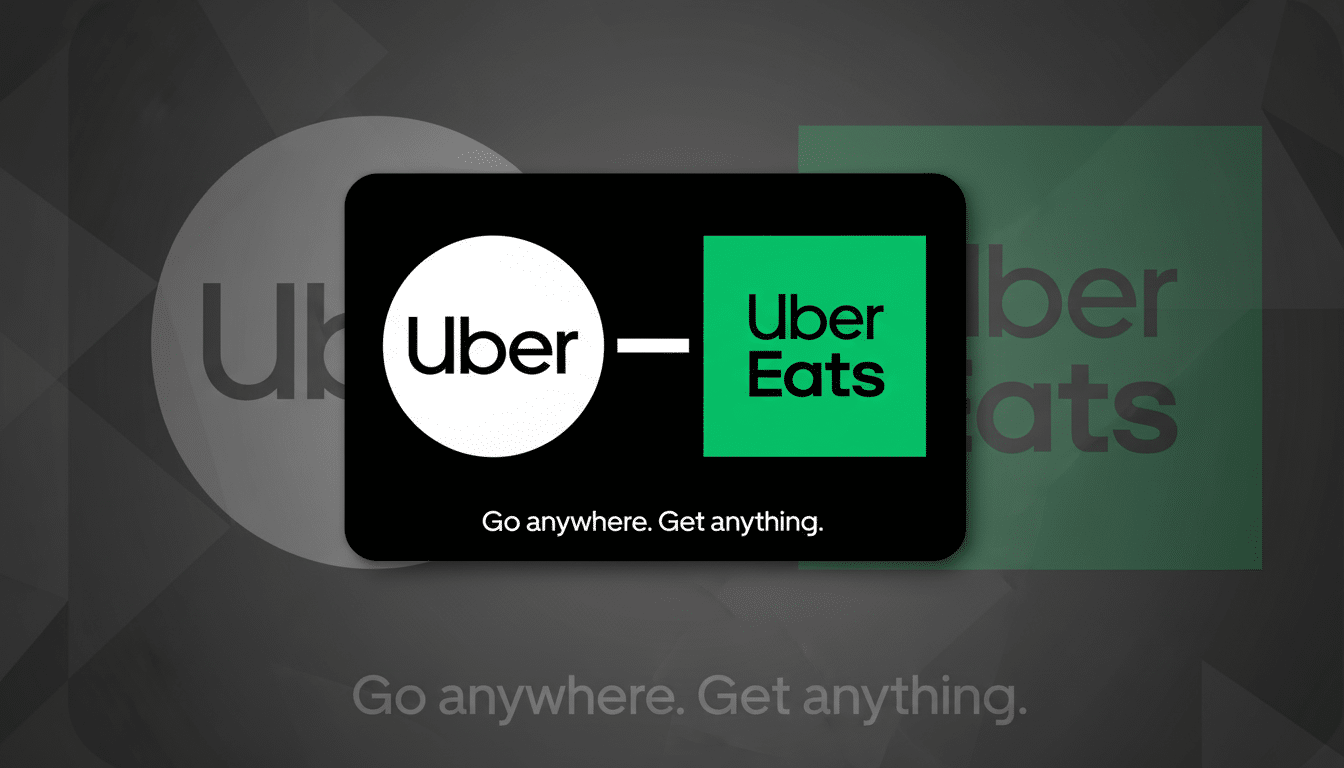 The Uber and Uber Eats logos on a black background with the slogan Go anywhere. Get anything. The image is set against a dark gray background with subtle geometric patterns and a faded, larger version of the Uber and Uber Eats logos in the background.