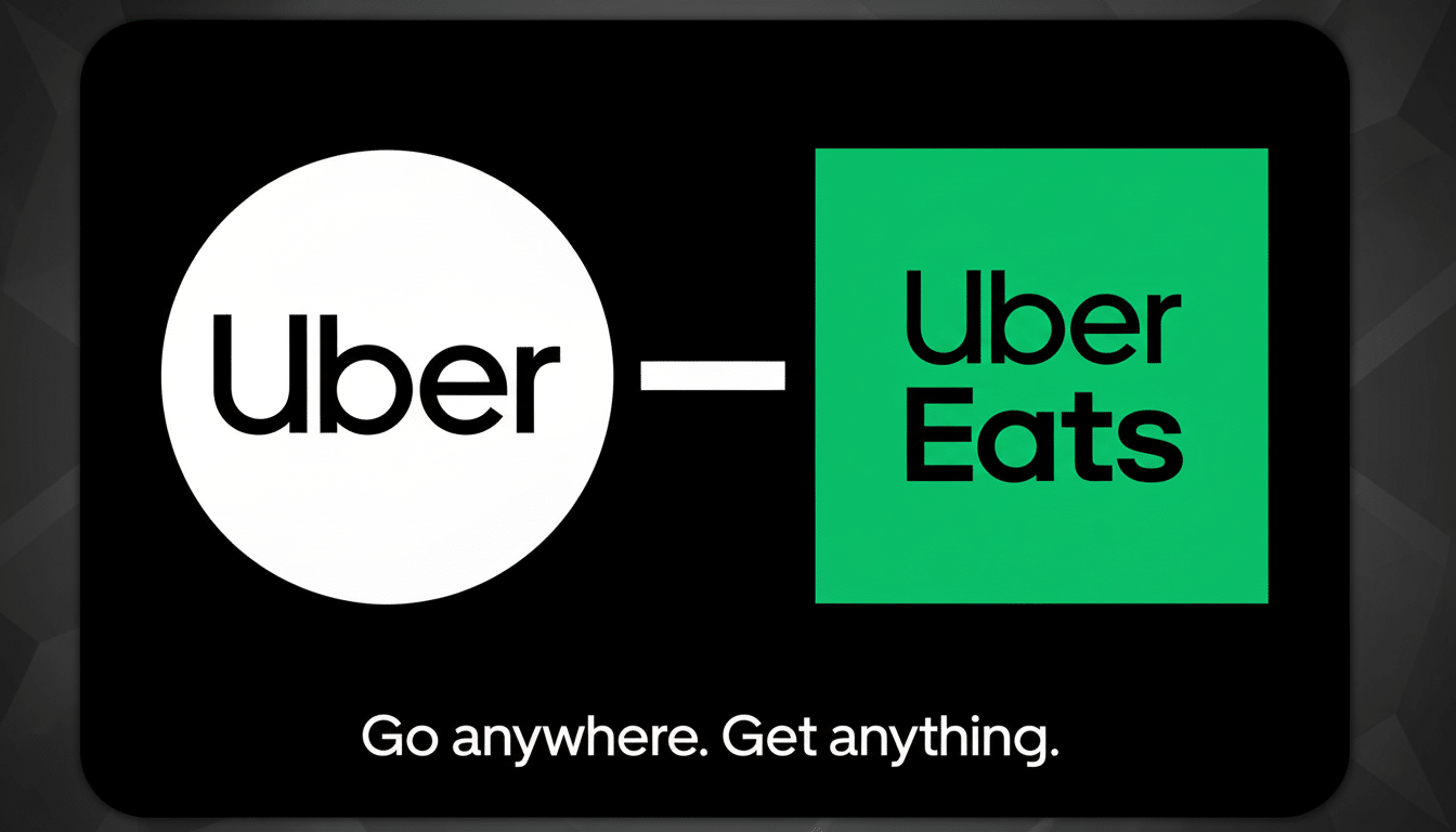 Uber and Uber Eats logos on a black background with a subtle dark gray geometric pattern, resized to a 16:9 aspect ratio.