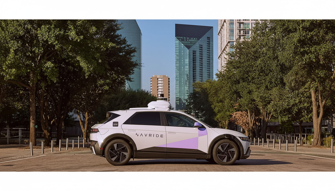 A white self-driving car with AVRIDE and purple geometric designs on its side, parked on a paved area with trees and modern buildings in the background.