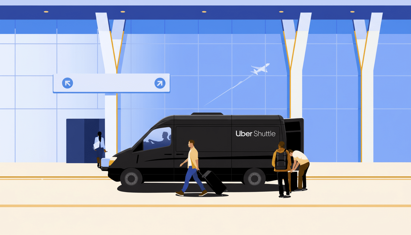 An Uber Shuttle van at an airport with passengers and luggage, resized to a 16:9 aspect ratio.