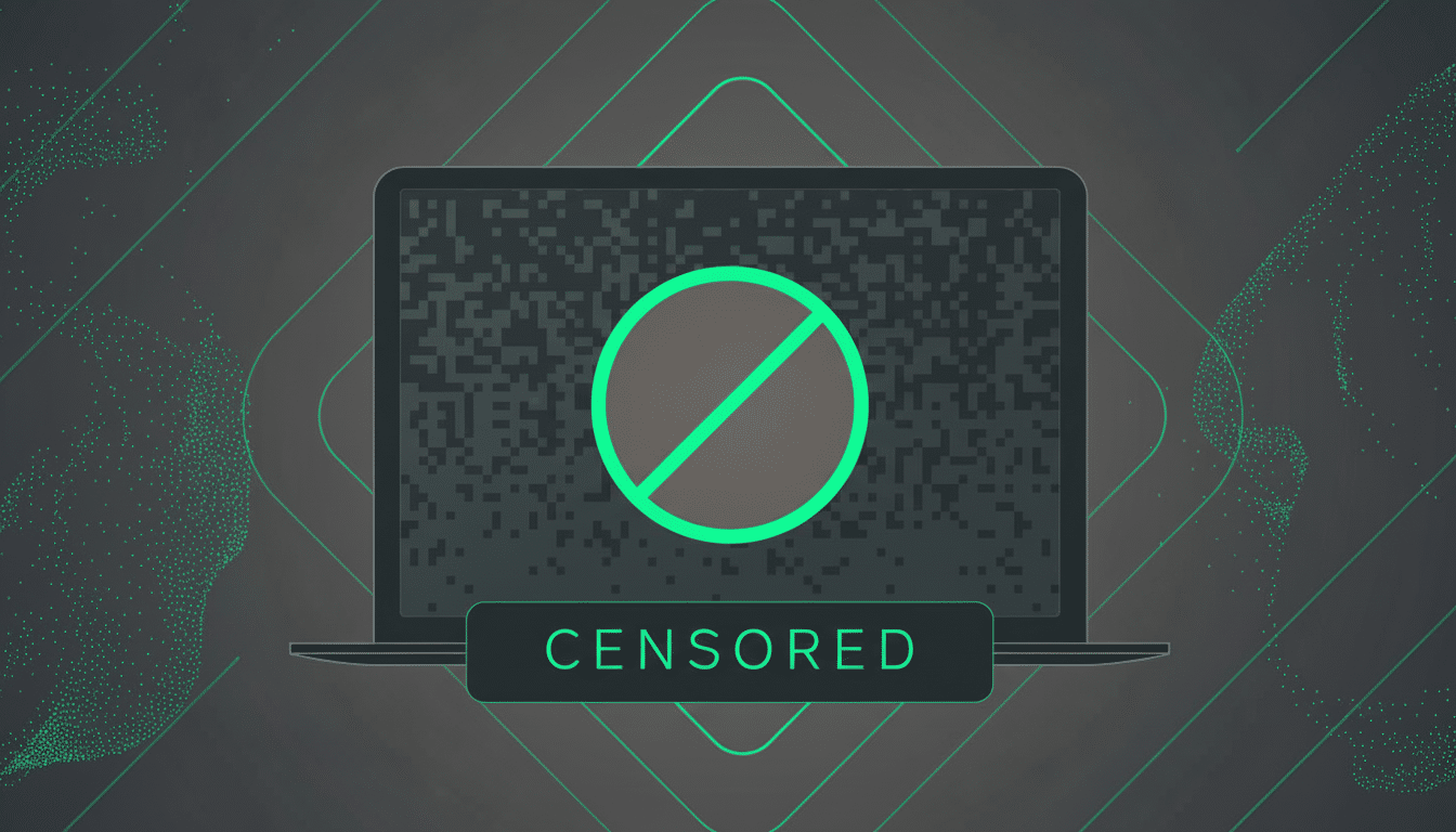 A laptop screen displaying a censored image with a red circle and diagonal line, and the word CENSORED below it, set against a dark background with subtle green geometric patterns.