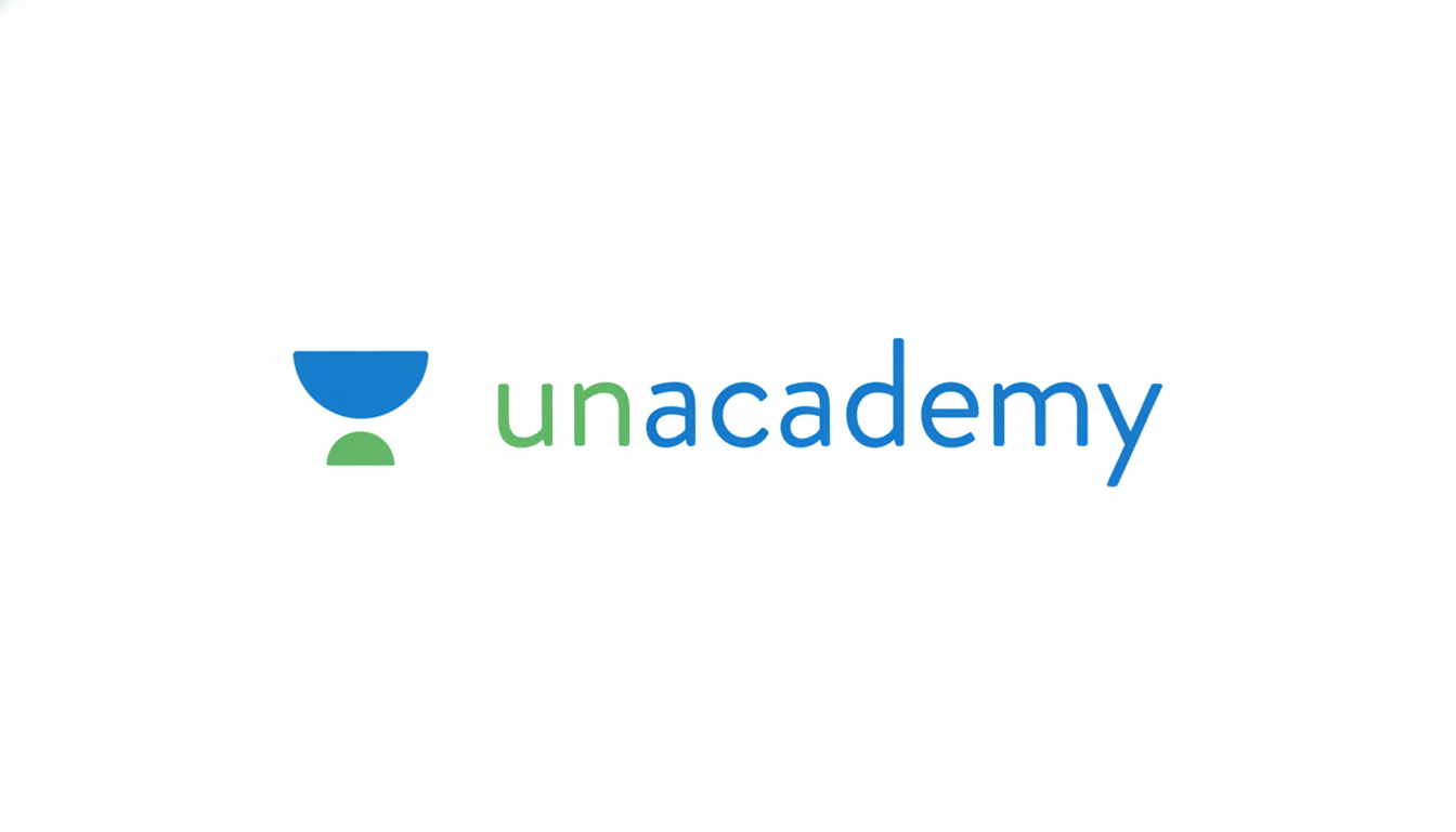 The Unacademy logo, featuring a blue and green icon resembling a stylized U or an open book, next to the word unacademy in lowercase letters, with una in green and cademy in blue, all presented on a clean white background with a 16:9 aspect ratio.