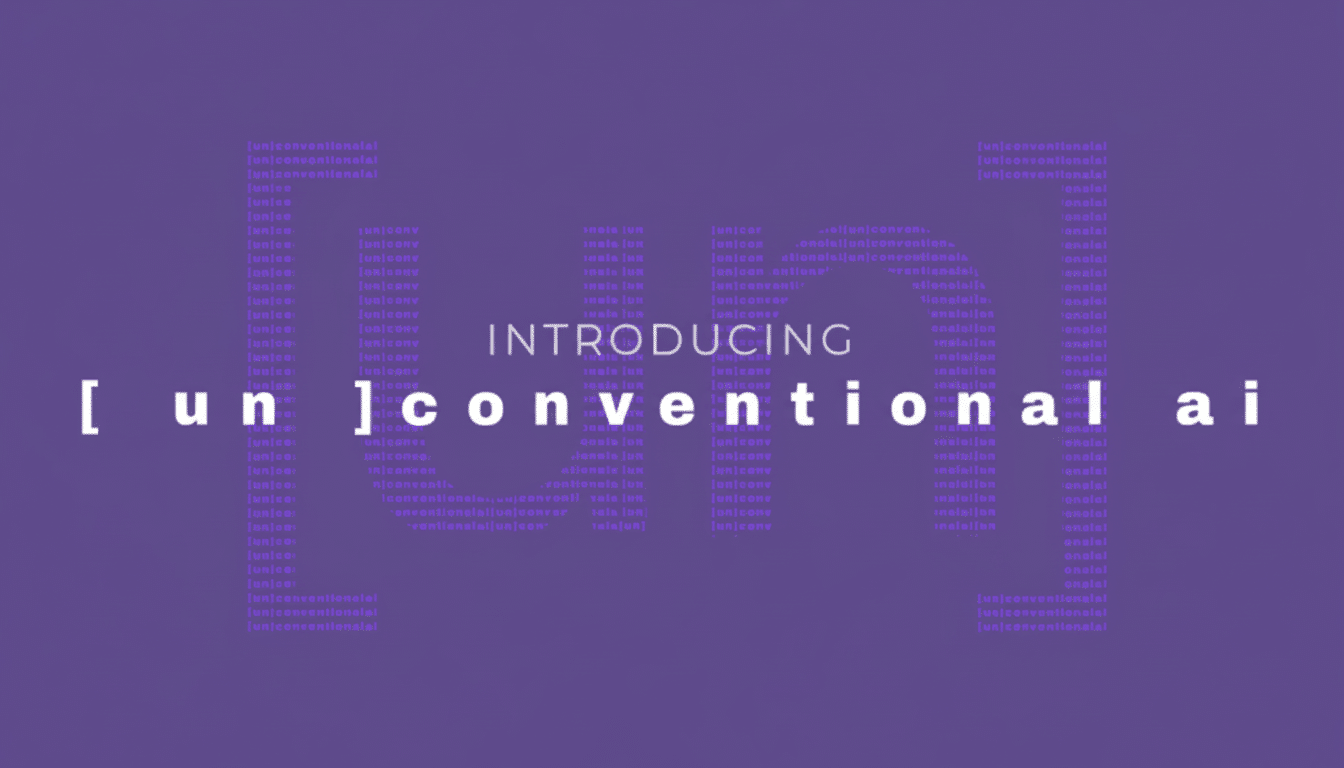 The text INTRODUCING [un]conventional ai is displayed on a purple background. The words unconventional ai are formed by smaller, repeated text that reads [un]conventional ai.