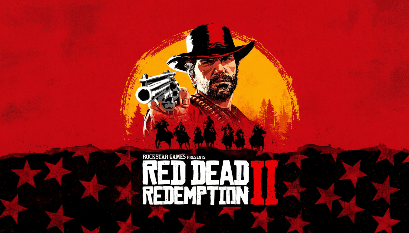 The Red Dead Redemption 2 game cover art, resized to a 16:9 aspect ratio, featuring a cowboy holding a revolver, with other cowboys on horseback below, against a red and yellow background.