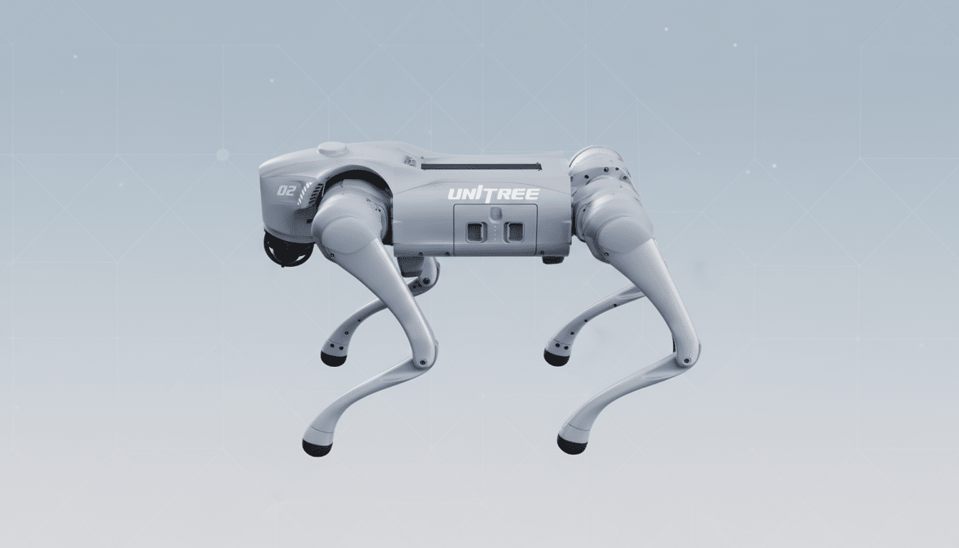 A gray Unitree robot dog with UNITREE and 02 written on its side, presented on a light gray background with subtle geometric patterns.