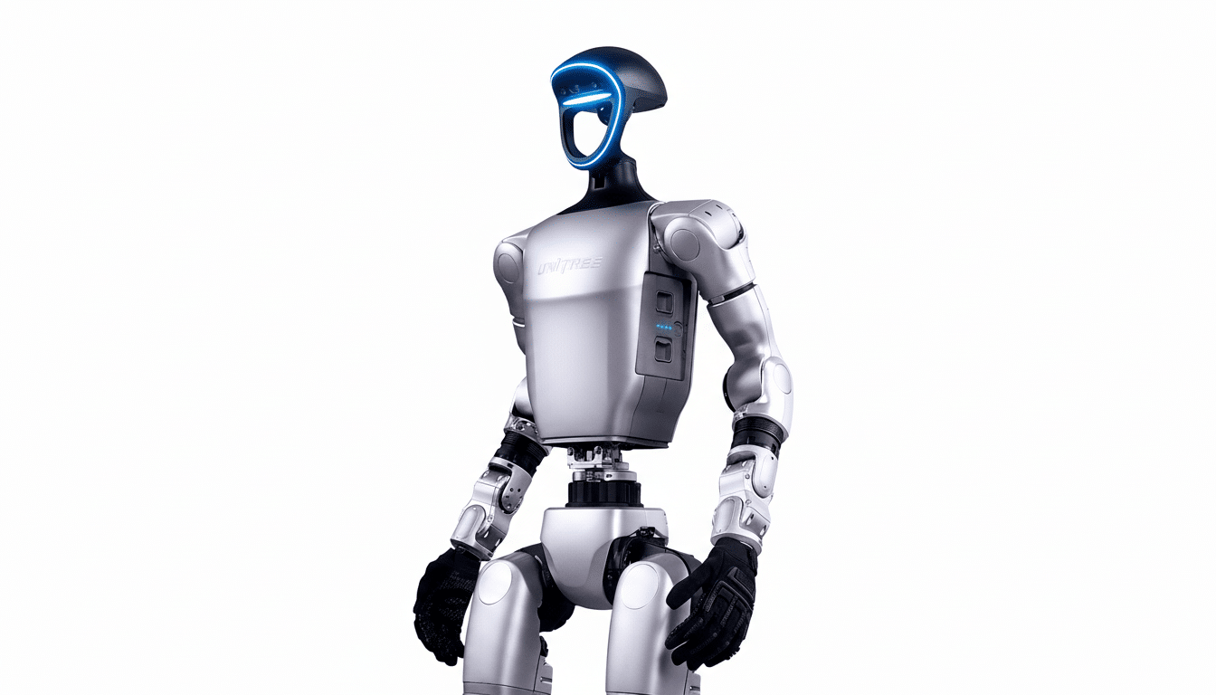A silver humanoid robot with a black head and a glowing blue faceplate, standing against a white background.