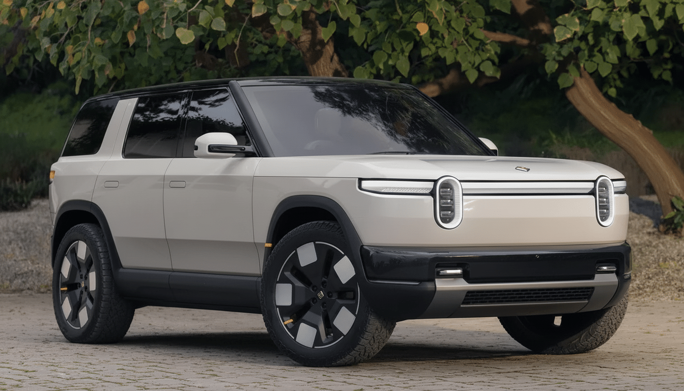 A light beige Rivian R1S electric SUV parked outdoors with trees in the background, resized to a 16:9 aspect ratio.
