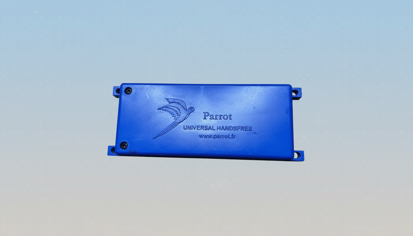 A blue Parrot Universal Handsfree device on a professional flat design background with soft patterns.