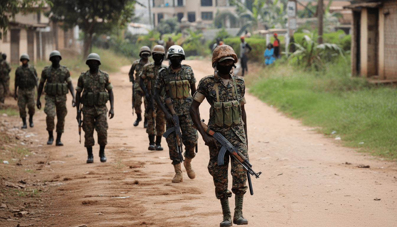 A line of soldiers in camouflage uniforms and helmets walking down a dirt road, carrying rifles.