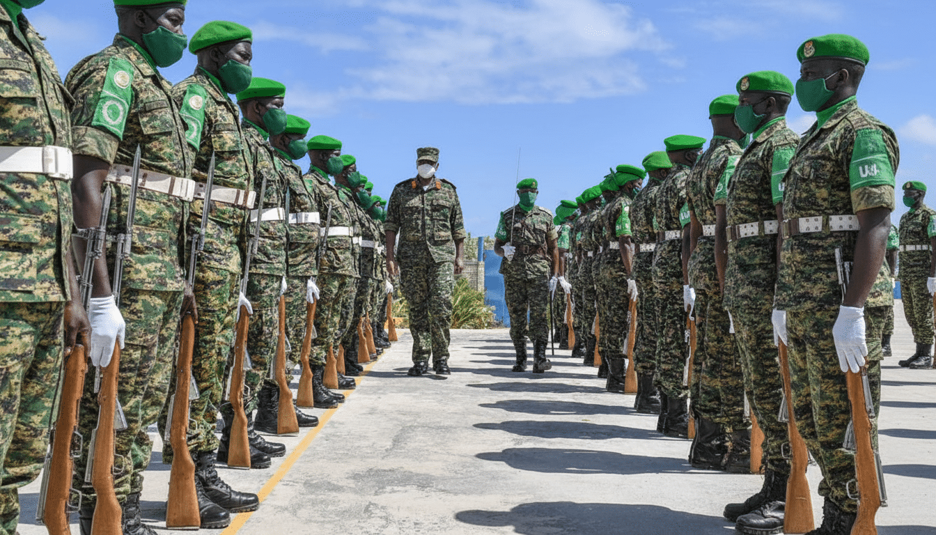 A line of soldiers in camouflage uniforms and green berets stand at attention, with an officer inspecting them.
