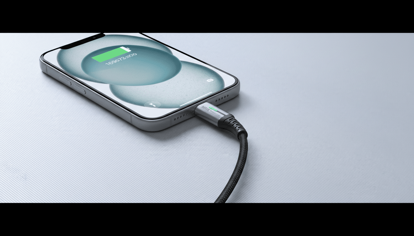 A smartphone charging with a black braided cable, displaying a green battery icon on its screen.