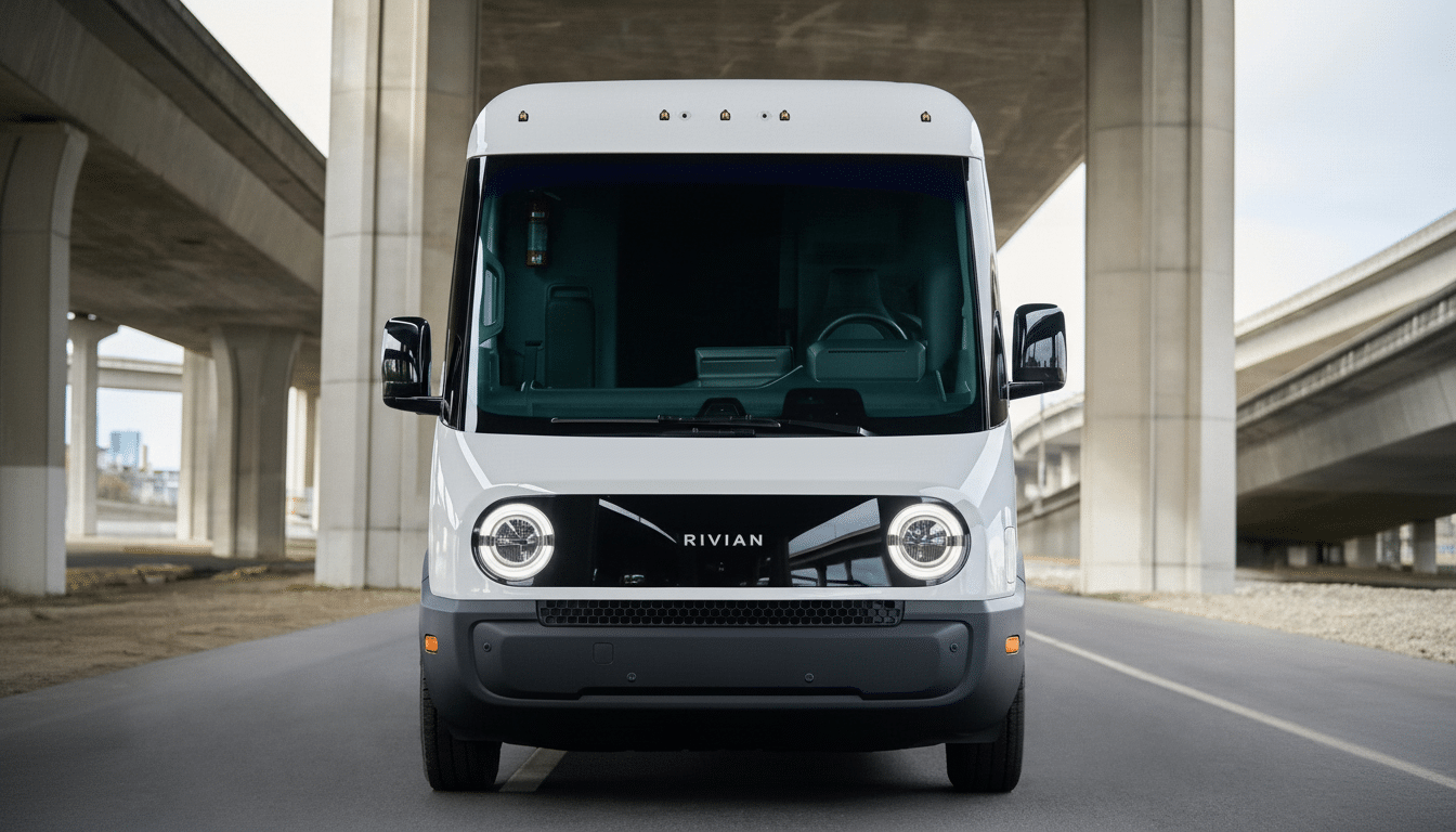 A white Rivian electric delivery van is parked on an asphalt road under a concrete overpass, presented in a 16:9 aspect ratio.