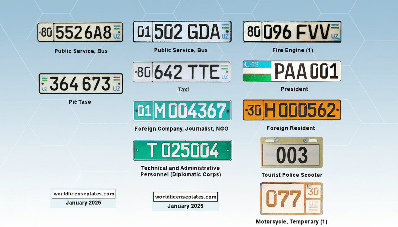 A 16:9 aspect ratio image displaying various types of Uzbekistan license plates with their corresponding descriptions, set against a professional flat design background with soft patterns.