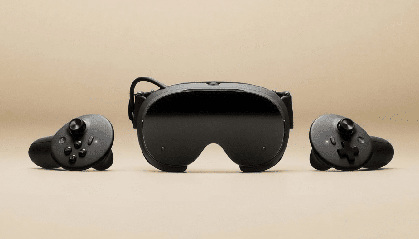 A black virtual reality headset and two controllers on a beige background, resized to a 16:9 aspect ratio.