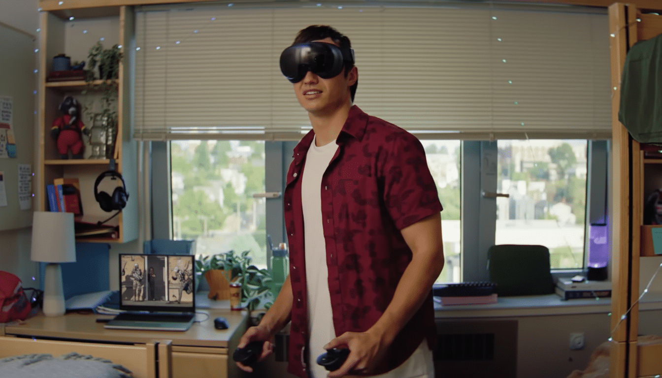 A young man wearing a VR headset and holding controllers, standing in a dorm room with a laptop displaying a game.