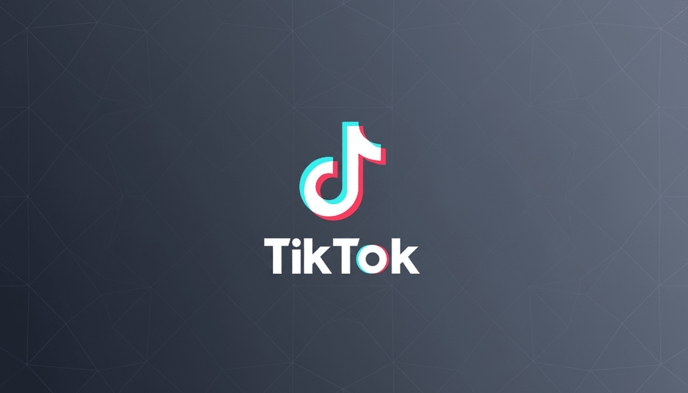 The TikTok logo, featuring a stylized musical note in white with cyan and magenta shadows, and the word TikTok in white text below it, set against a professional dark gray background with a subtle geometric pattern.