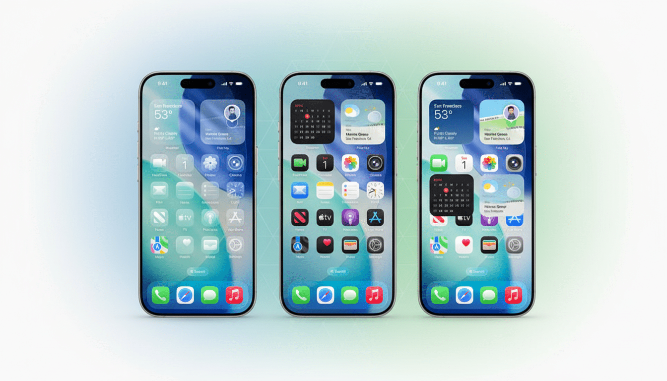 Three iPhones displayed side-by-side with various home screen configurations, set against a professional flat design background with soft gradients.