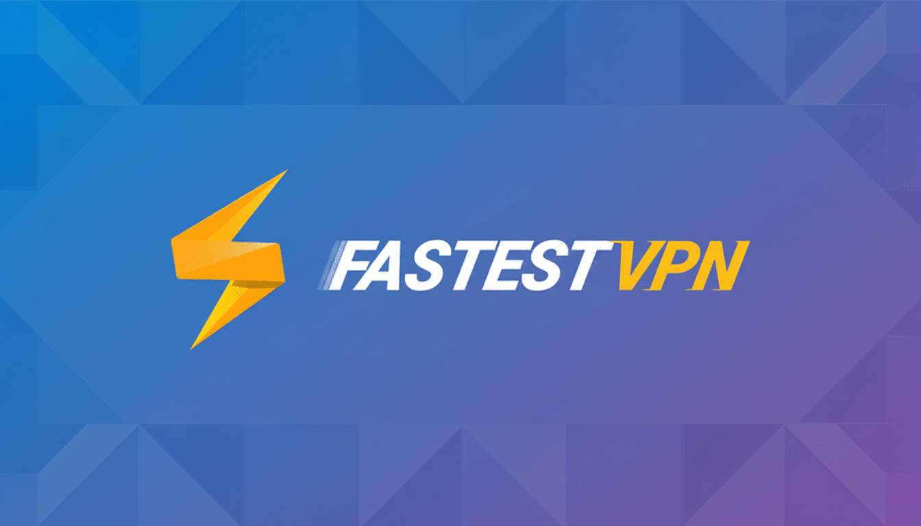 The FastestVPN logo, featuring a yellow lightning bolt icon to the left of the text FASTESTVPN with FASTEST in white and VPN in yellow, set against a blue background with subtle geometric patterns and a gradient shift to purple on the right, resized to a 16:9 aspect ratio.