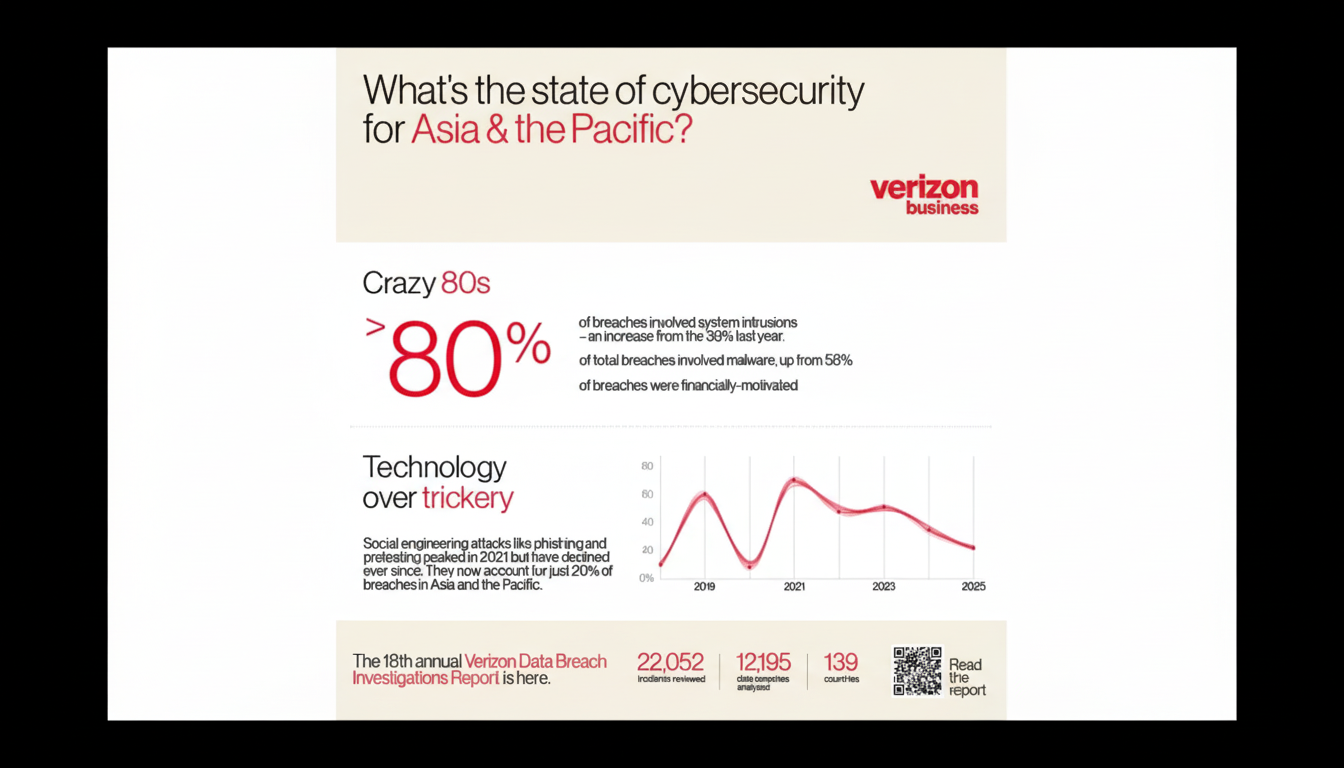 A Verizon Business infographic titled Whats the state of cybersecurity for Asia & the Pacific? The infographic highlights that over 80% of breaches involved system intrusions, malware, and were financially motivated. It also shows a trend of Technology over trickery, indicating a decline in social engineering attacks since 2021. The bottom section mentions The 18th annual Verizon Data Breach Investigations Report with statistics: 22,052 incidents reviewed, 12,195 data compromises analyzed, and 139 countries. A QR code is present for reading the report.
