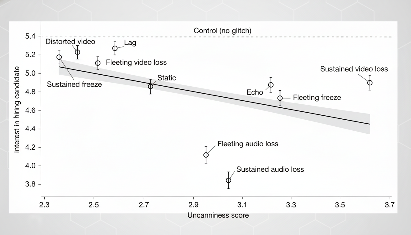 A scatter plot showing the relationship between Uncanniness score on the x-axis and Interest in hiring candidate on the y-axis. Various video and audio glitches are plotted, with a general downward trend indicating that higher uncanniness scores correlate with lower interest in hiring. The background has been updated to a professional flat design with soft patterns.