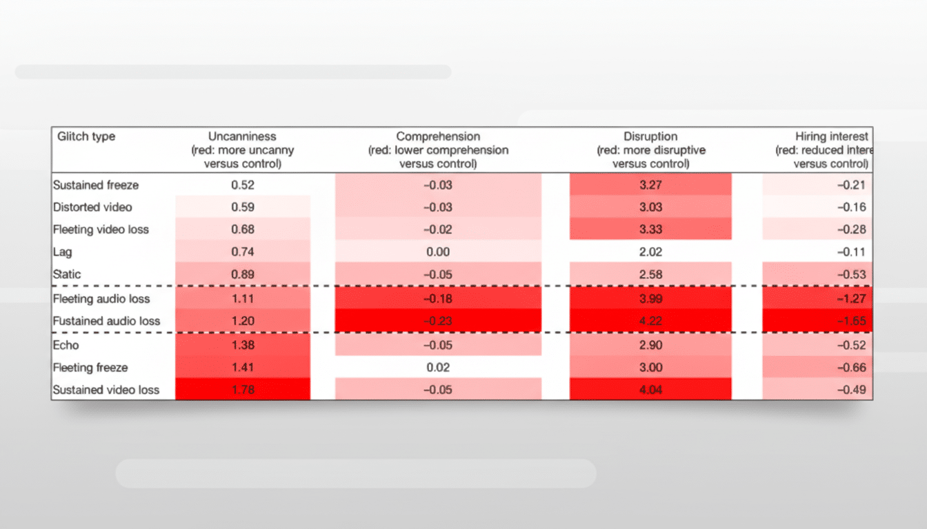 A table showing different glitch types and their impact on uncanniness, comprehension, disruption, and hiring interest, presented on a professional flat design background with soft patterns.